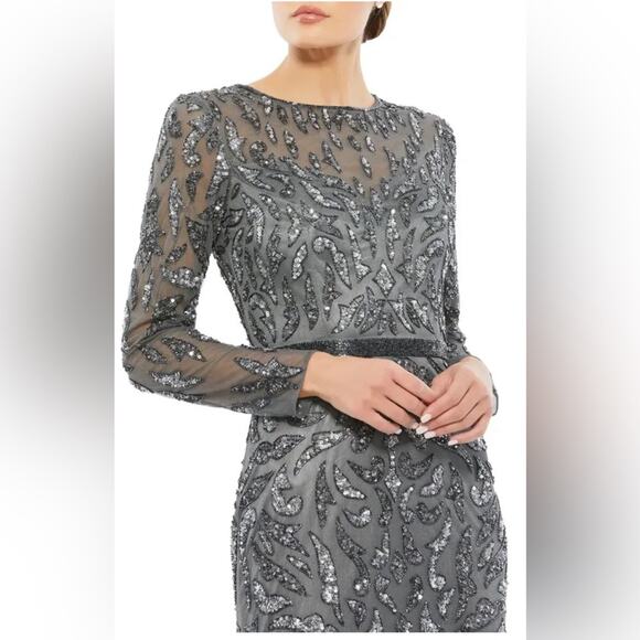 NWT Mac Duggal 5124 Beaded Long Sleeve Evening Gown Charcoal 18 - Picture 3 of 8